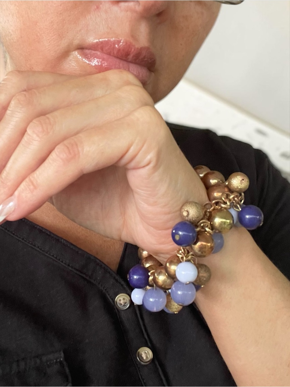 Blue & Gold Dangle Bead Stretch Statement Bracelet